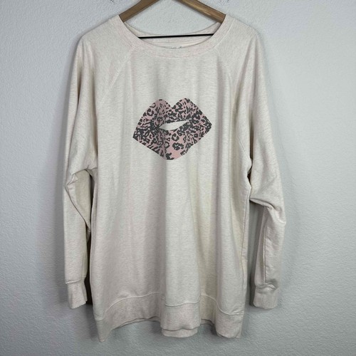 Wildfox Sweatshirt Womens XL Beige Long Sleeve Lips Graphic Oversized Relaxed
