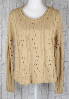 Derek Heart Cable Open Knit Pointelle Pullover Sweater Top Long Sleeve Beige M