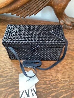 Zara Woven Box Rattan Box Crossbody Bag Black BNWT