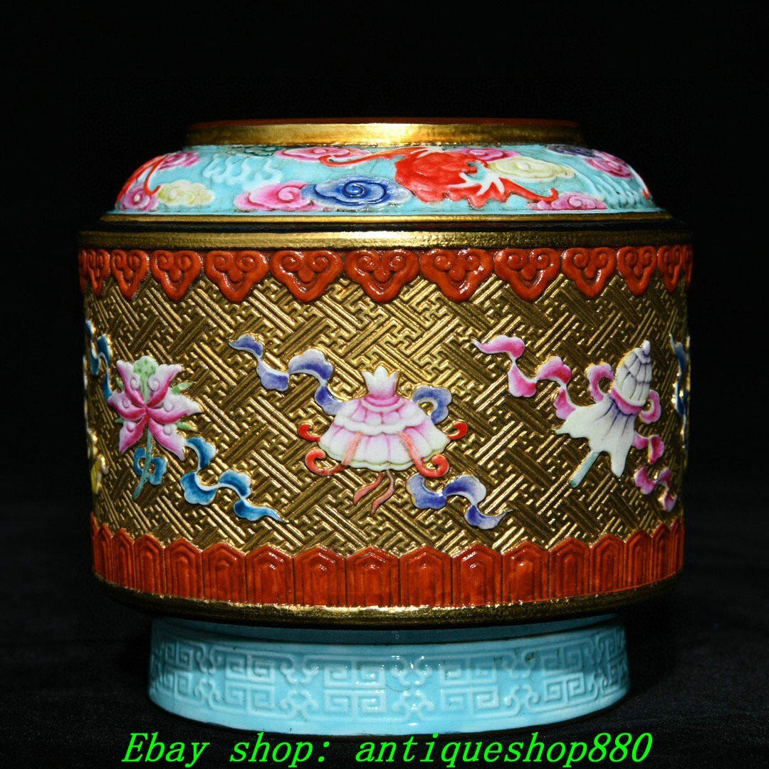5.7''Qing Qianlong Famille Rose Porcelain Gold 8 Auspicious Symbol Crock Pot Jar