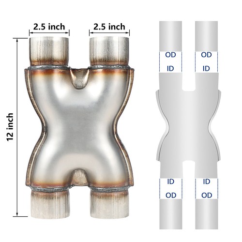 Universal Crossover X Pipe Dual 2.5"In/Out 12" Long Stainless Steel Exhaust Tip - Picture 2 of 5