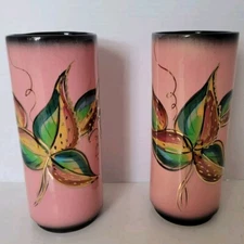 Enchanto California Art Pottery Vases Midcentury Pink Leaves MCM 50s Set Of 2