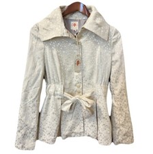 New Anthro Tulle Monochrome Dot Belted Short Peplum Trench Coat Medium Ivory