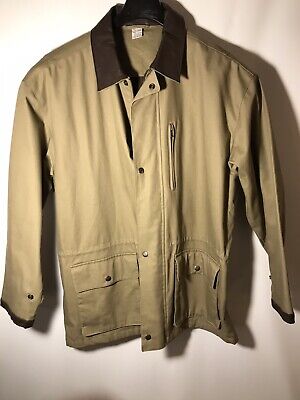 Men\'s Size L Heavy Canvas Cotton Field Jacket w/ Leather Collar & Trim Tan  Khaki | eBay