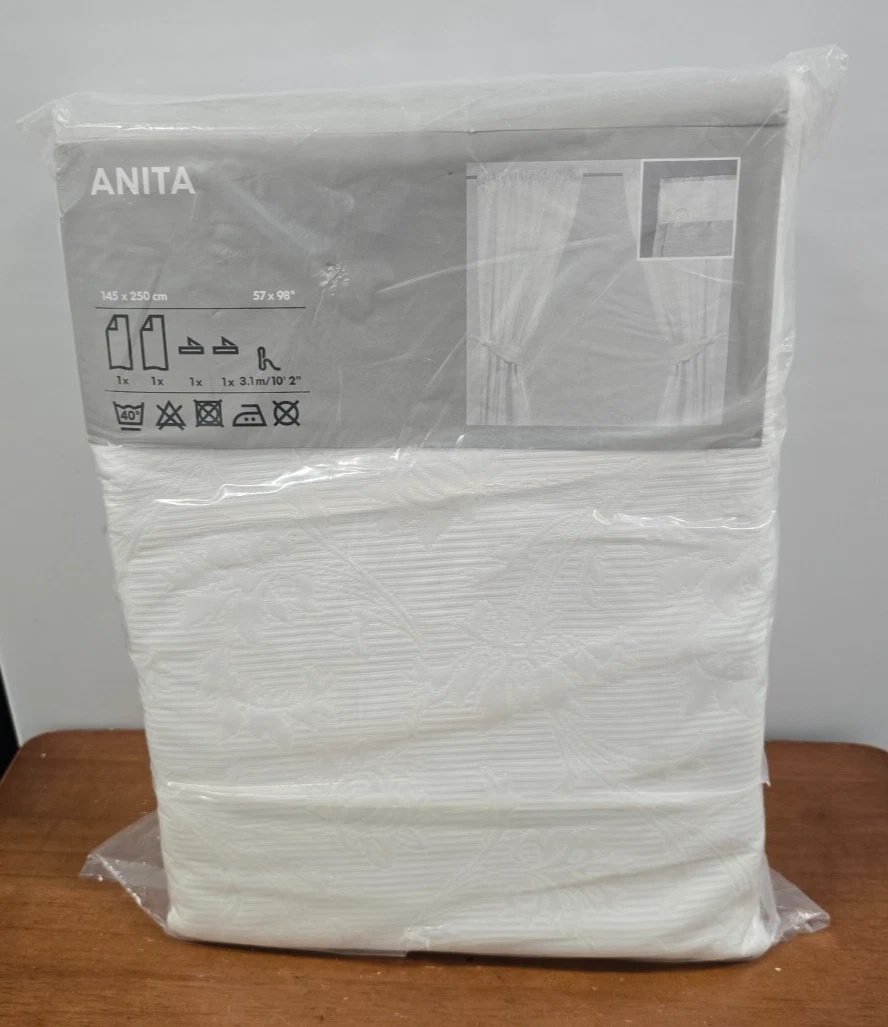 IKEA ANITA White Floral Curtains Raised Flower w/ Tie Backs 57" x 98" NEW SEALED