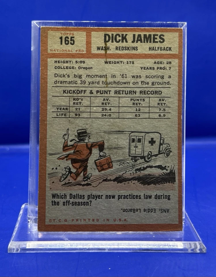 1962 TOPPS FOOTBALL #165 DICK JAMES WASHINGTON REDSKINS - Image 2 of 2
