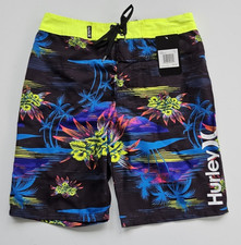 Hurley Big Boys 26 Waist 12 Black Blue Palm Tree Volt Logo Surf Board Shorts