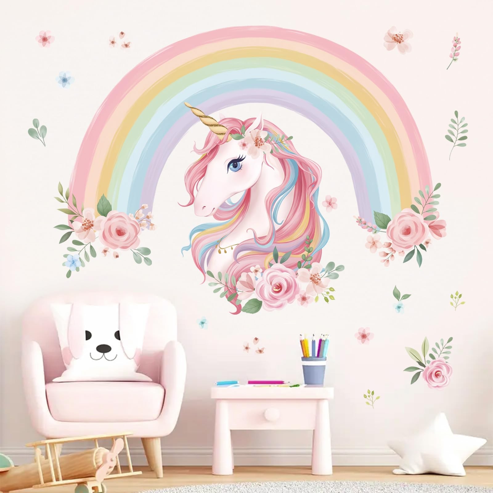 Stickers muraux arc en ciel et licorne XL pour décoration de chambre d'enfant