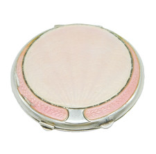 Sterling Silver Pink Guilloche Enamel Mirror Compact Antique 1921 Birmingham