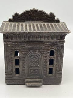 1887 J & E Stevens Co. “Roof” Bank Cast Iron “Home Savings” 2 X 2.5 X 3.5”