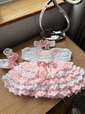 Baby Layered Dress Mary Jane Shoes Headband 0To 3 Month Hand Crochet Romany