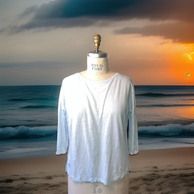 Lou & GREY Light Pale Blue 100% Linen Knit Top Bateau Neck Boxy Drape EUC Sz M
