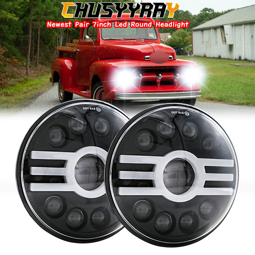 Fit Ford F1 1948 1949 1950 1951 1952 Pair 7" Inch Round LED Headlights Black DOT