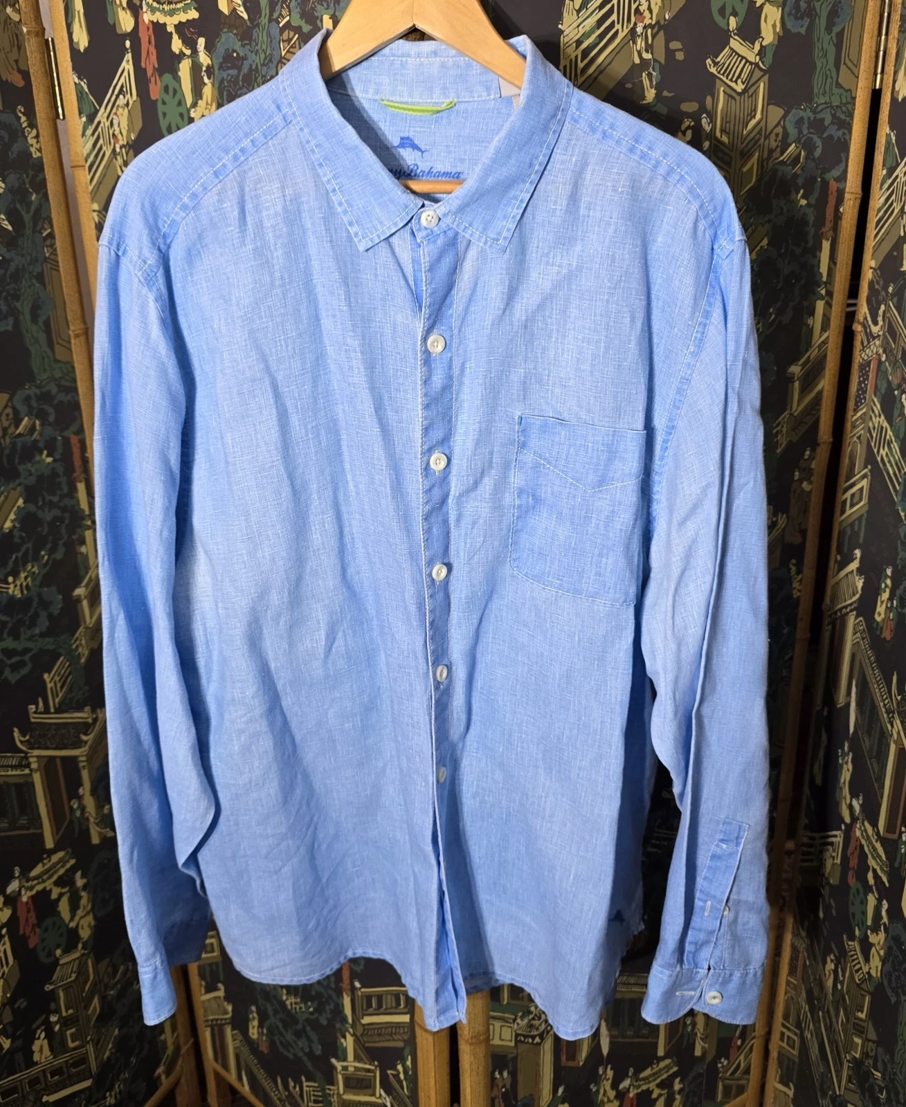 Tommy Bahama Shirt Mens XL Blue Linen Long Sleeve Button up Casual Office 2641