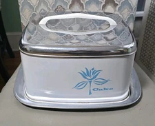 Lincoln Beauty Ware Mid Century Square Chrome White Blue Flower Cake Carrier