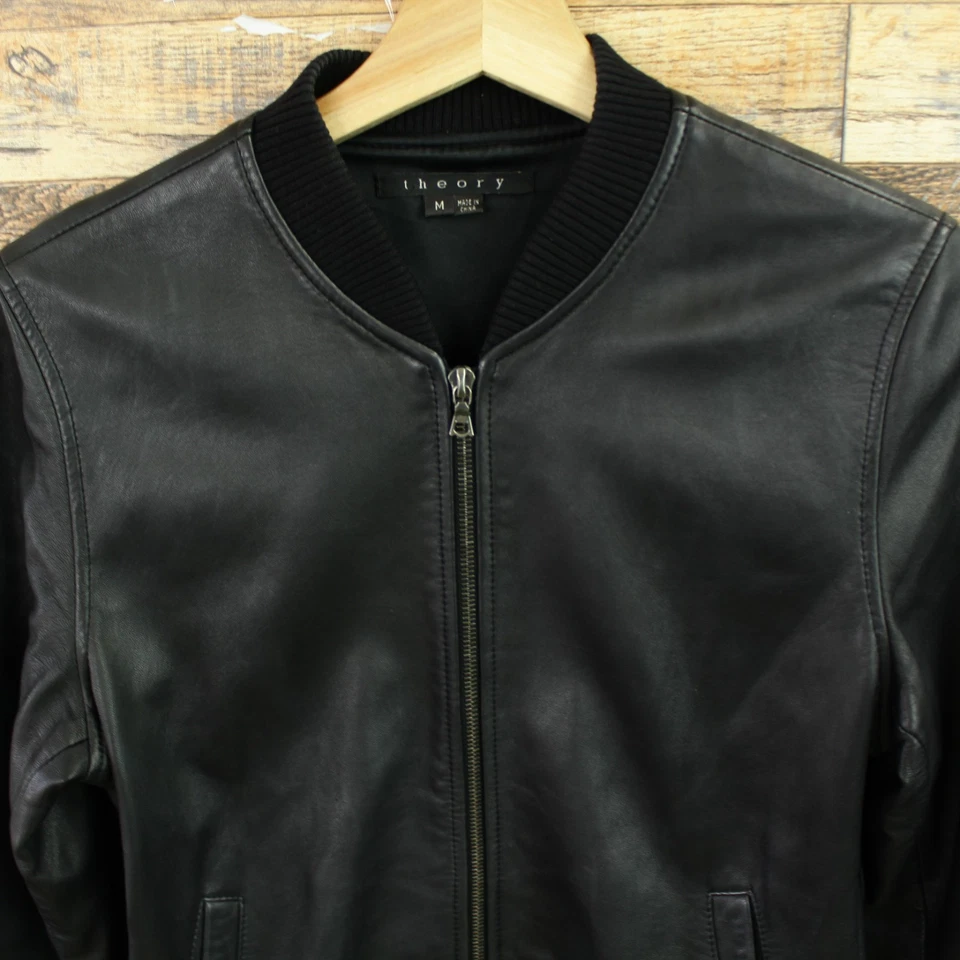 Chaqueta de cuero Theory para hombre talla M cremallera completa negra bombardero Foto 2 de 4