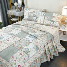 Queen Size Patchwork Quilts Cotton Green Country Floral Quilted Comforter Set...
