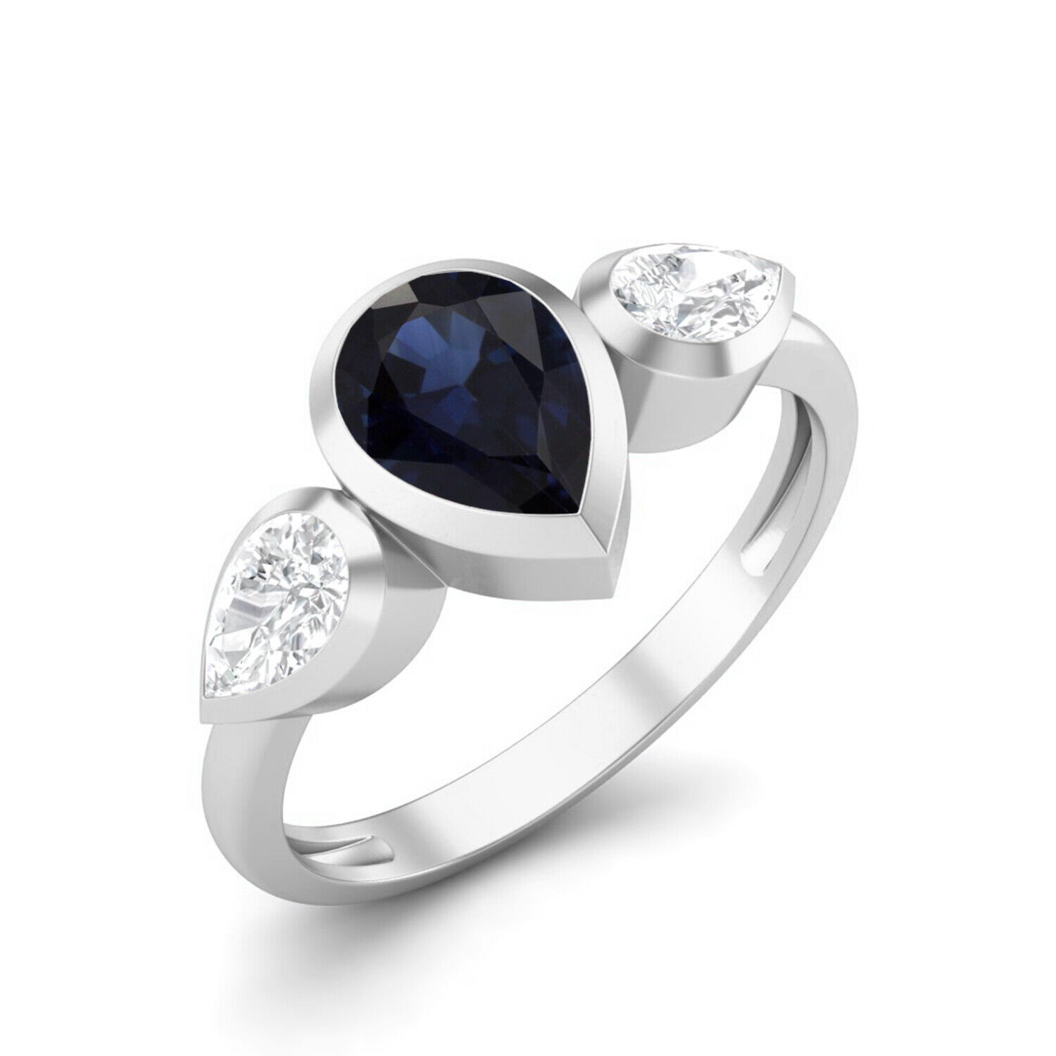 Bezel Set 7x5MM Pear Shape Blue Sapphire 10k White Gold Three Stone Women Ring