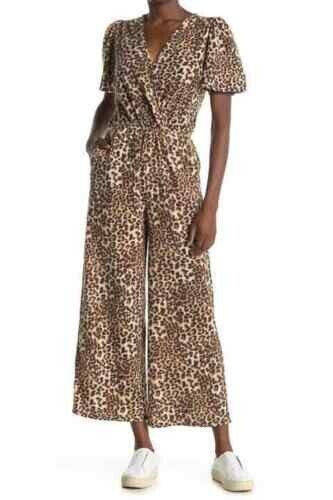 19 COOPER Jumpsuit Brown Black Animal Leopard Print Fleece V-Neck Pant M - Picture 1 of 12