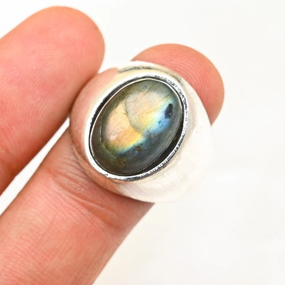 拉长石男式戒指 925 纯银声明手工戒指 均码 M549 — 第 2/4 张图片