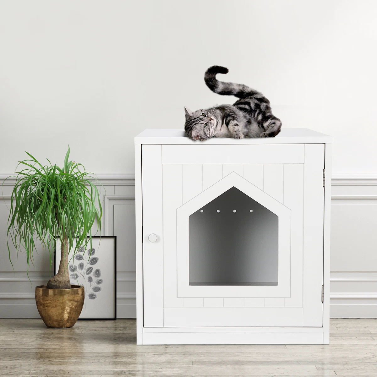 Heavy Duty Wooden Cat Litter Box Side Table Cat House for Home