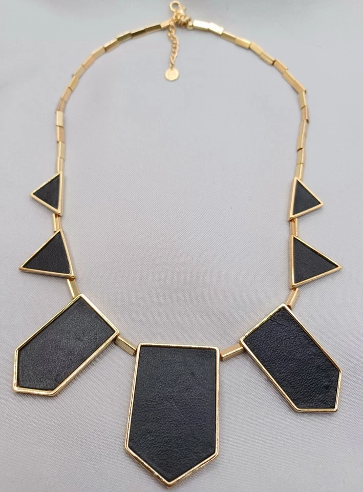House Of Harlow Geometric Necklace Gold Tone Black Leather Pendants 18" - Image 3 of 4