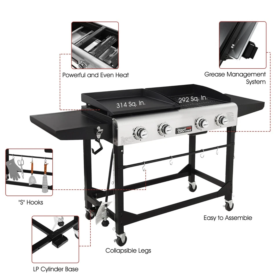 Royal Gourmet 4-Burner Portable Flat Top Gas Grill Combo with Folding Legs - Image 4 of 4