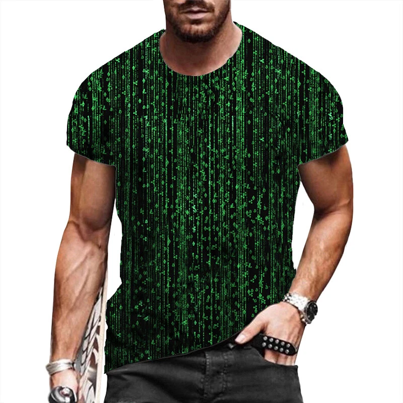 T Shirts Men Green Stripe Fragment Pattern Short Sleeve Casual T-Shirt Soft Tee