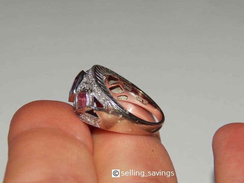 ANILLO DOMO ORO BLANCO 14K AMATISTA TURMALINA DIAMANTE TALLADO BISEL 1/2 PULGADA ANCHO Foto 3 de 4