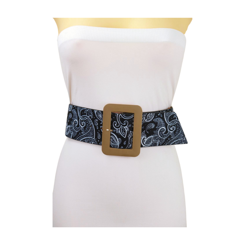 Women Black White Print Belt Hip High Waist Gold Metal Square Buckle Size S M - Picture 20 of 24