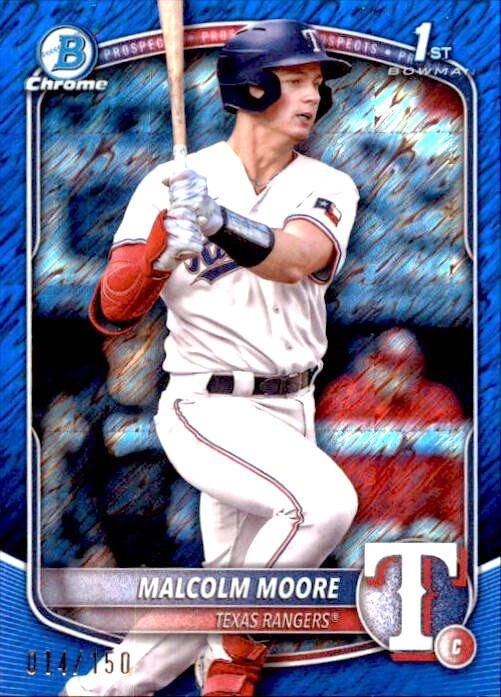 2025 Bowman Chrome Prospects Malcolm Moore 014/150 Blue Shimmer Refractor BCP129