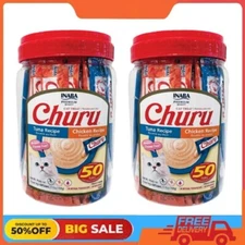 2 PACK X 50 Tubes INABA Churu Creamy Lickable Wet Cat Treats , Tuna & Chicken