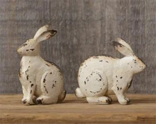 Set of 2 -- Small Distressed White Sitting BUNNIES - Primitive Farmhouse Decor