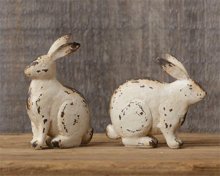 Set of 2 -- Small Distressed White Sitting BUNNIES - Primitive Farmhouse Decor