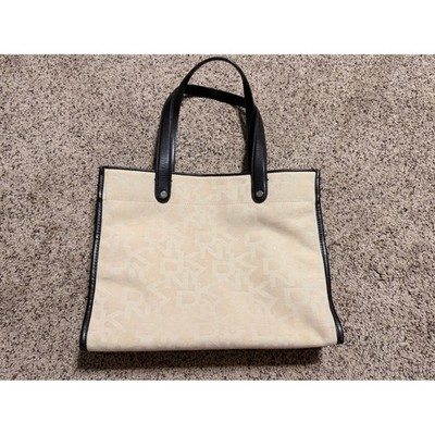 DKNY Monogram Logo Jacquard Tote Bag Beige Brown Leather Trim Shoulder Bag