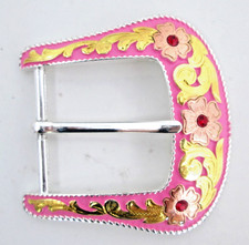 Western Belt Buckle Fancy Cowgirl Pink Gold Red Rhinestone Floral Scroll Vintage