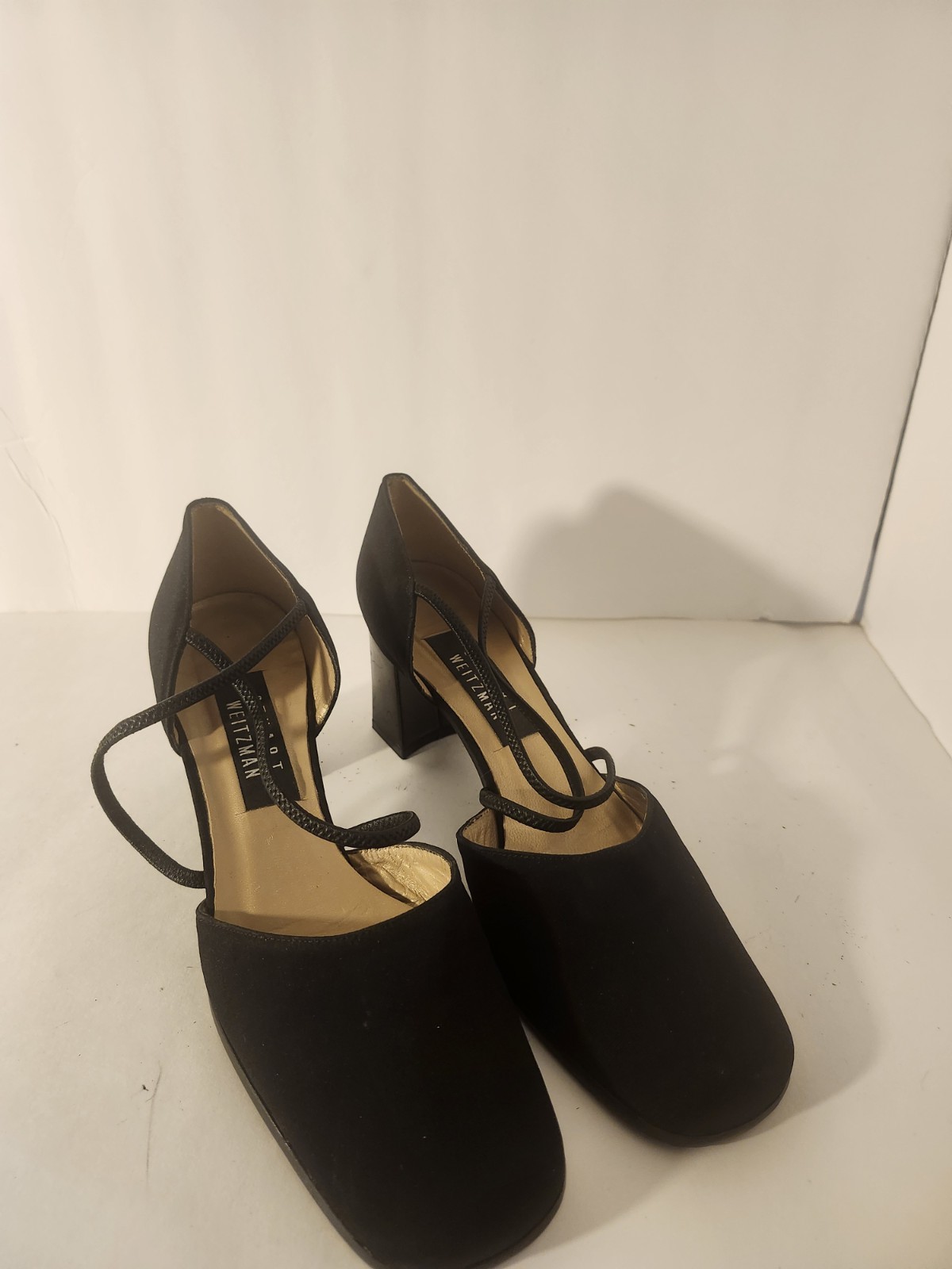 Stuart Weitzman Black Crepe Womens 8B TENSOR Pumps Block Heel Criss Cross Strap