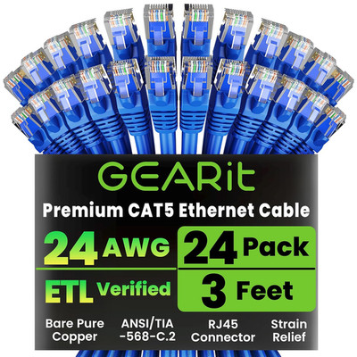 24-Pack, Cat5E Ethernet Patch Cable 3 Feet - Snagless RJ45 Computer LAN Network