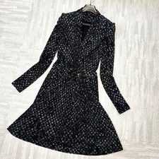 GUCCI Dress M Long Sleeve Wrap Style Black White Blue Rayon Leather Trim