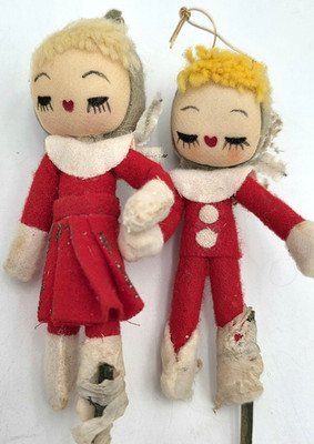 Christmas Pixie Elf Ornaments Felt Dolls Japan Spun Cotton Pair Vtg Pipecleaner