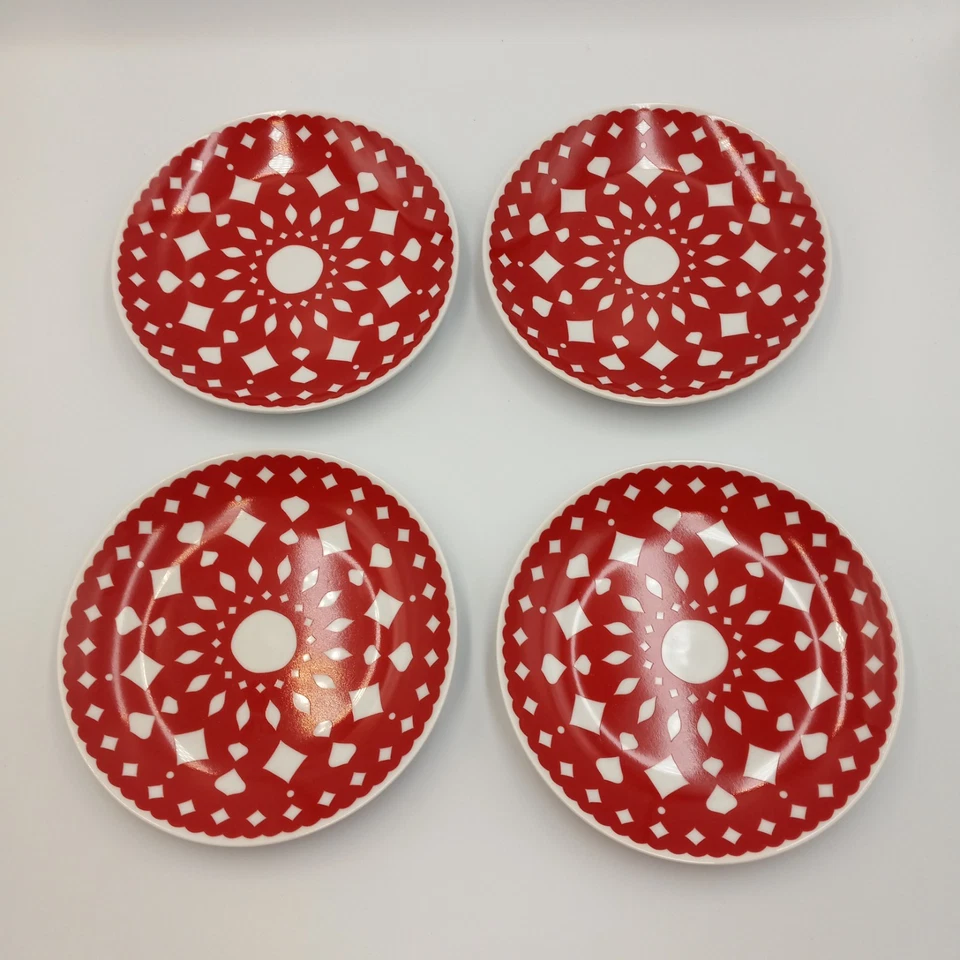 Crate & Barrel Set 4 Appetizer Plates White And Red Yule Plate 6.5" New - Image 2 of 4