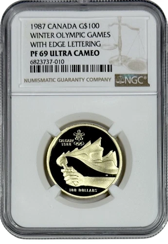1987 Canada $100 Gold 1/4 oz Winter Olympic Games Edge Lettering NGC PF 69 UC