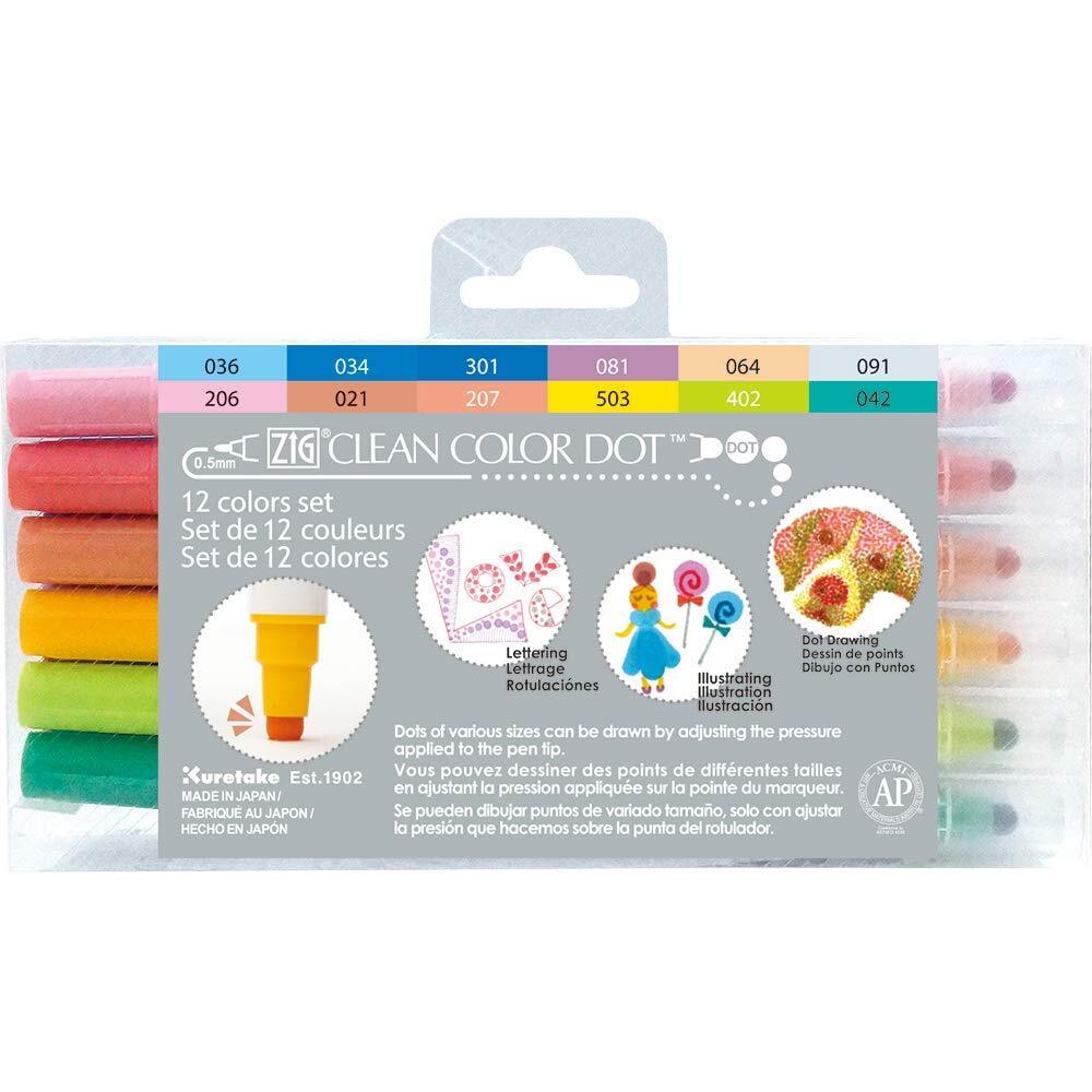 Zig Clean Color Dot Pens Water Based Marker, 12 Colors Set (TC-6100/12V)