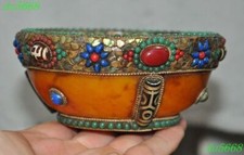 4.6"Tibet beeswax inlay Agate Gem cross Vajra faqi Tea cup Bowl Bowls statue