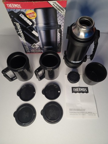 1995 Thermos | HotCold Steel Lined Vacuum Insulated 1.1QT Bottle | +2 16 Oz Mugs - Picture 9 of 16
