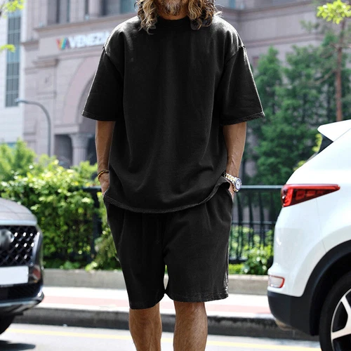 Men Loose Pure Solid Sports Short Sleeve T Shirt Shorts Set Outfit Sportswear - Picture 6 of 32