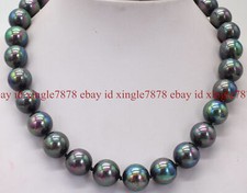 Huge 14mm Natural Rainbow Black South Sea Shell Pearl Necklace 16-28"