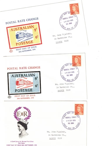 Australia 1970 6c QE on FDCs,cds RUSSELL St Vic      (3  covers)