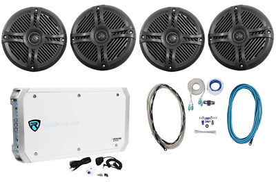 (4) Rockville RMSTS65B 1600w Marine Boat Speakers+6-Ch Amplifier+Amp  Kit
