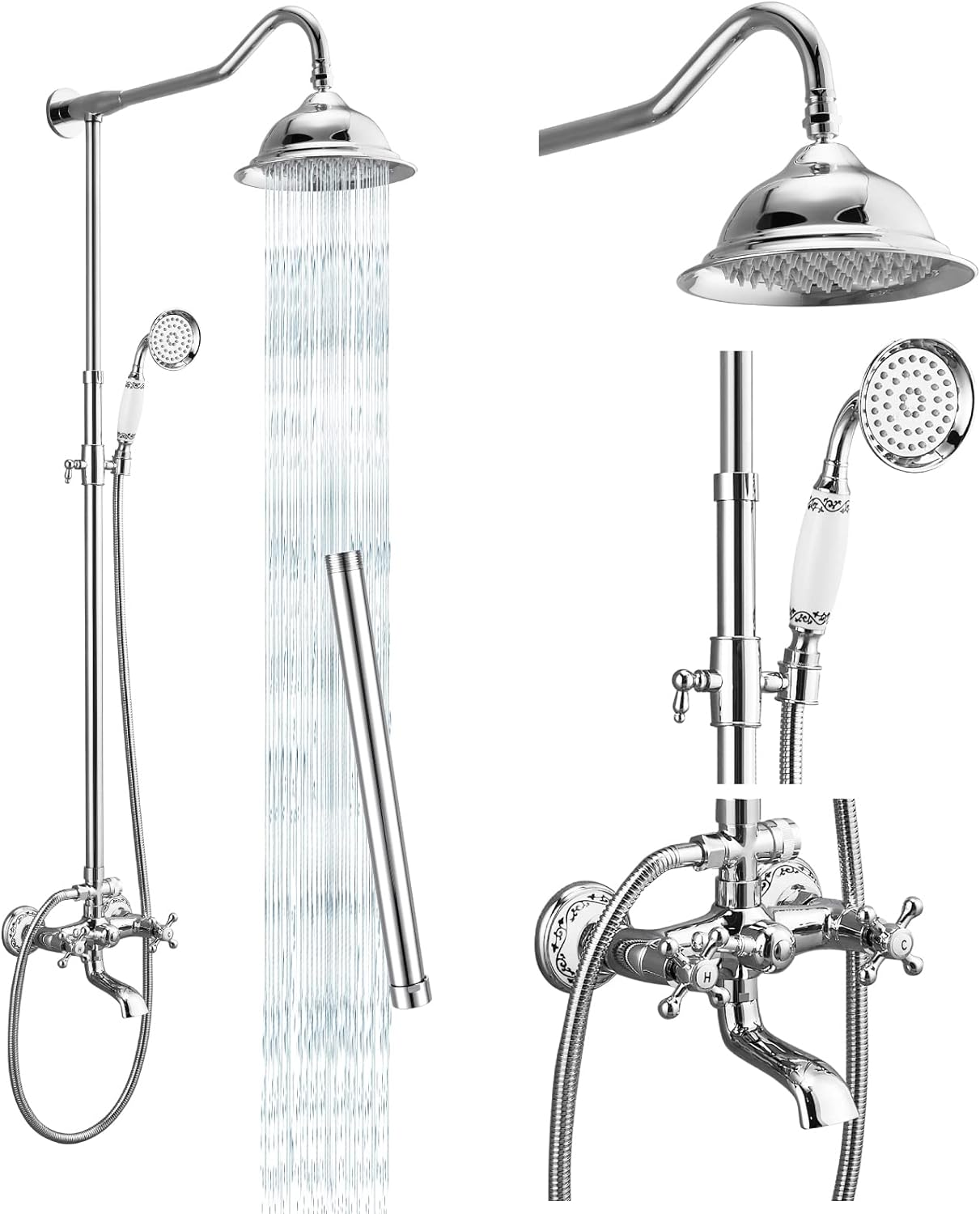 Exposed Shower System Set Polish Chrome 8 Rain Shower Faucet 2 Double Knobs Hand